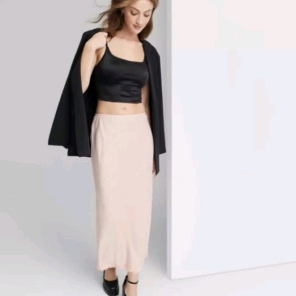 Wild Fable Women's Light Pink Satin Lace Trim Midi Skirt Berry Size M Waist 16 - Picture 2 of 8